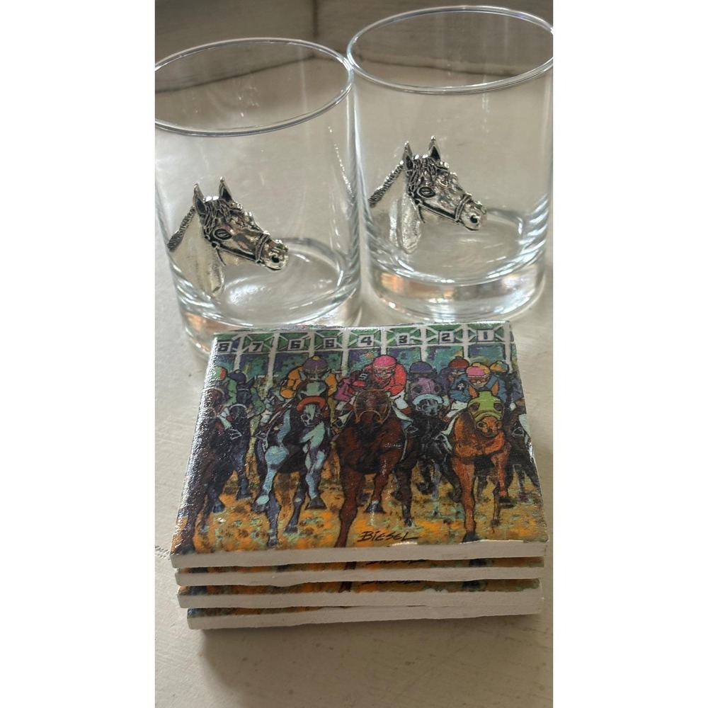 Equestrian Pewter Horse Head Whiskey Glasses Biesel Kentucky Derby Coasters